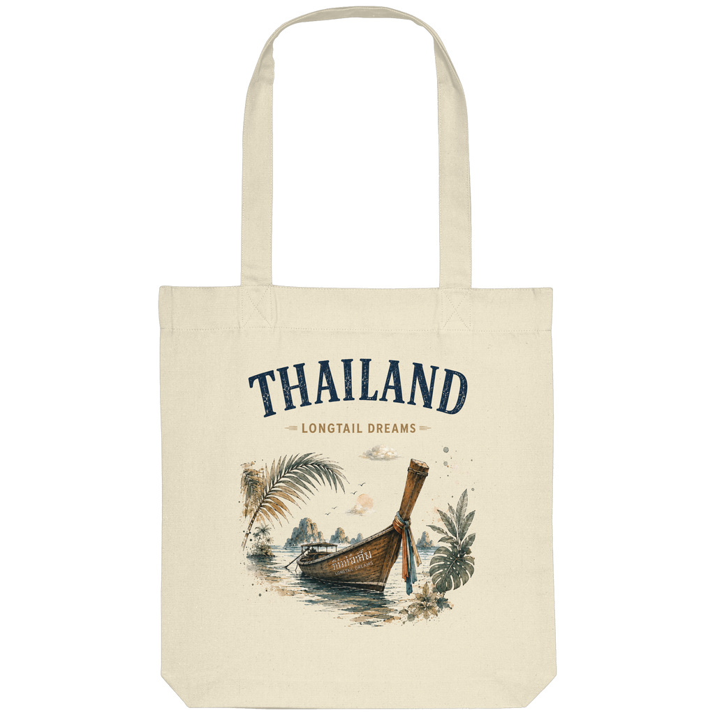 Naturfarbene Organic Tote Bag mit Thailand Longtail Dreams Motiv