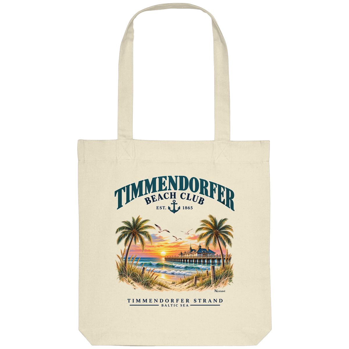 Originalmockup: Einkaufstasche in Natural mit Timmendorfer-Beach-Club-Außenmotiv, Motivansicht.