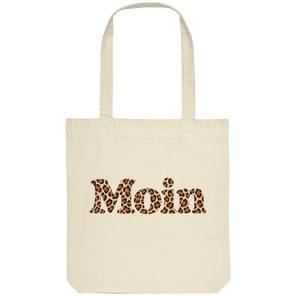 Original-Shirtigo-Mockup: Tote-Bag aus recyceltem Canvas in Natural mit „Moin“ im Karamell-Leoprint auf der Vorderseite