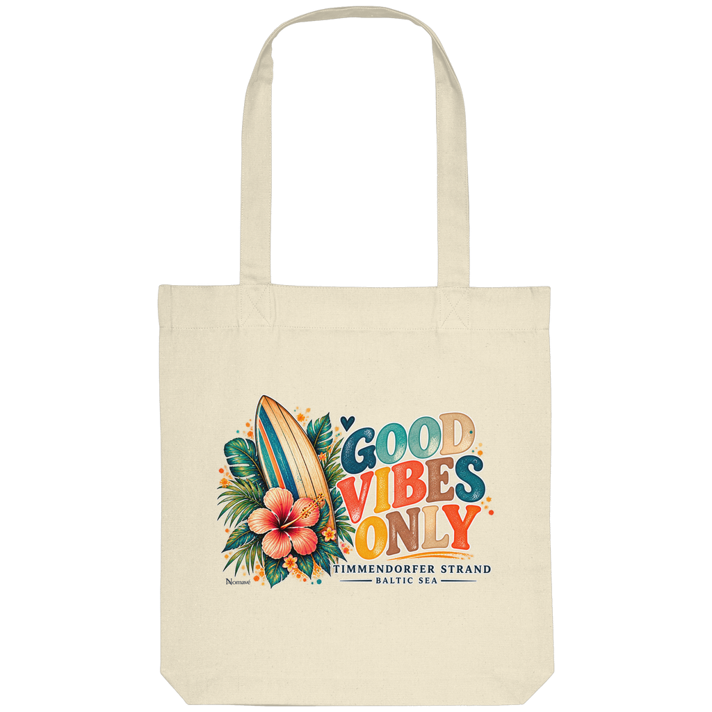 Timmendorfer Strand – Surf Vibes – Tote-Bag in Natural mit Surfboard- und Hibiskusmotiv – Shirtigo-Katalogansicht.
