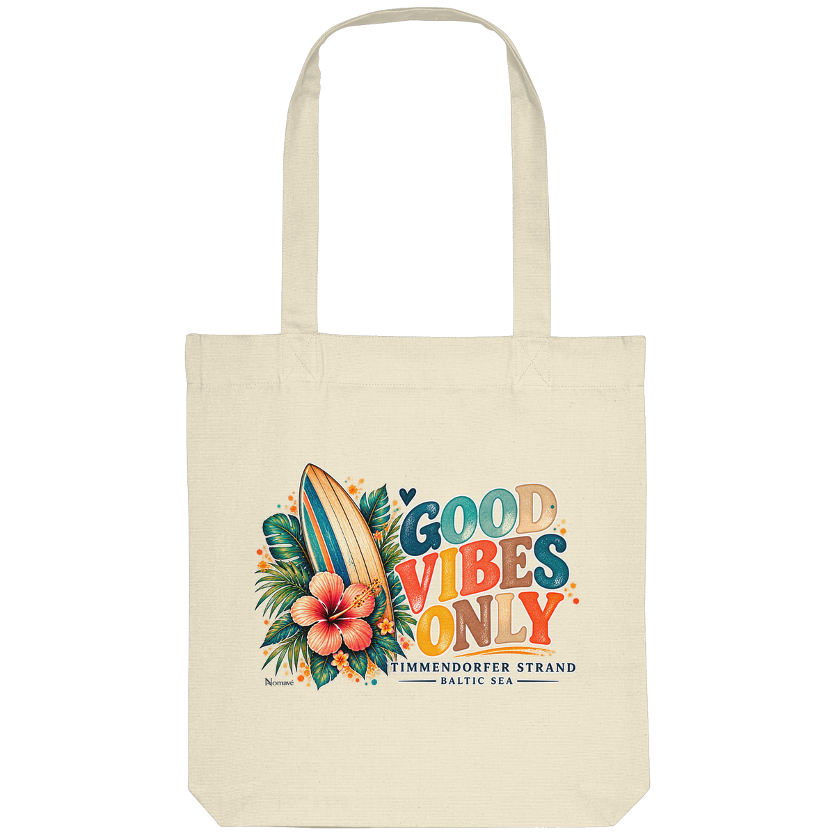 Timmendorfer Strand – Surf Vibes – Tote-Bag in Natural mit Surfboard- und Hibiskusmotiv – Shirtigo-Katalogansicht.