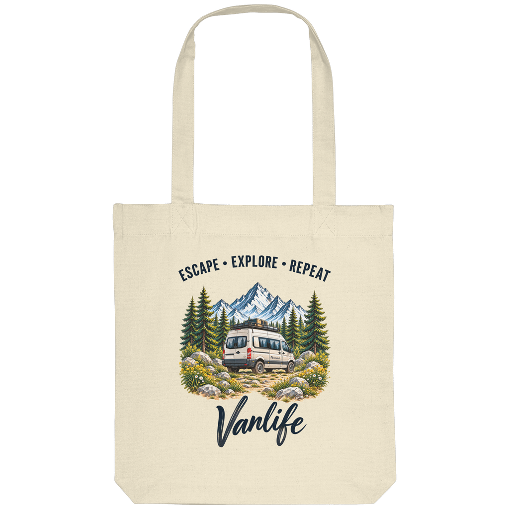 Bio Einkaufstasche in Natural mit Escape Explore Repeat Vanlife Motiv – Produktansicht mit Frontprint