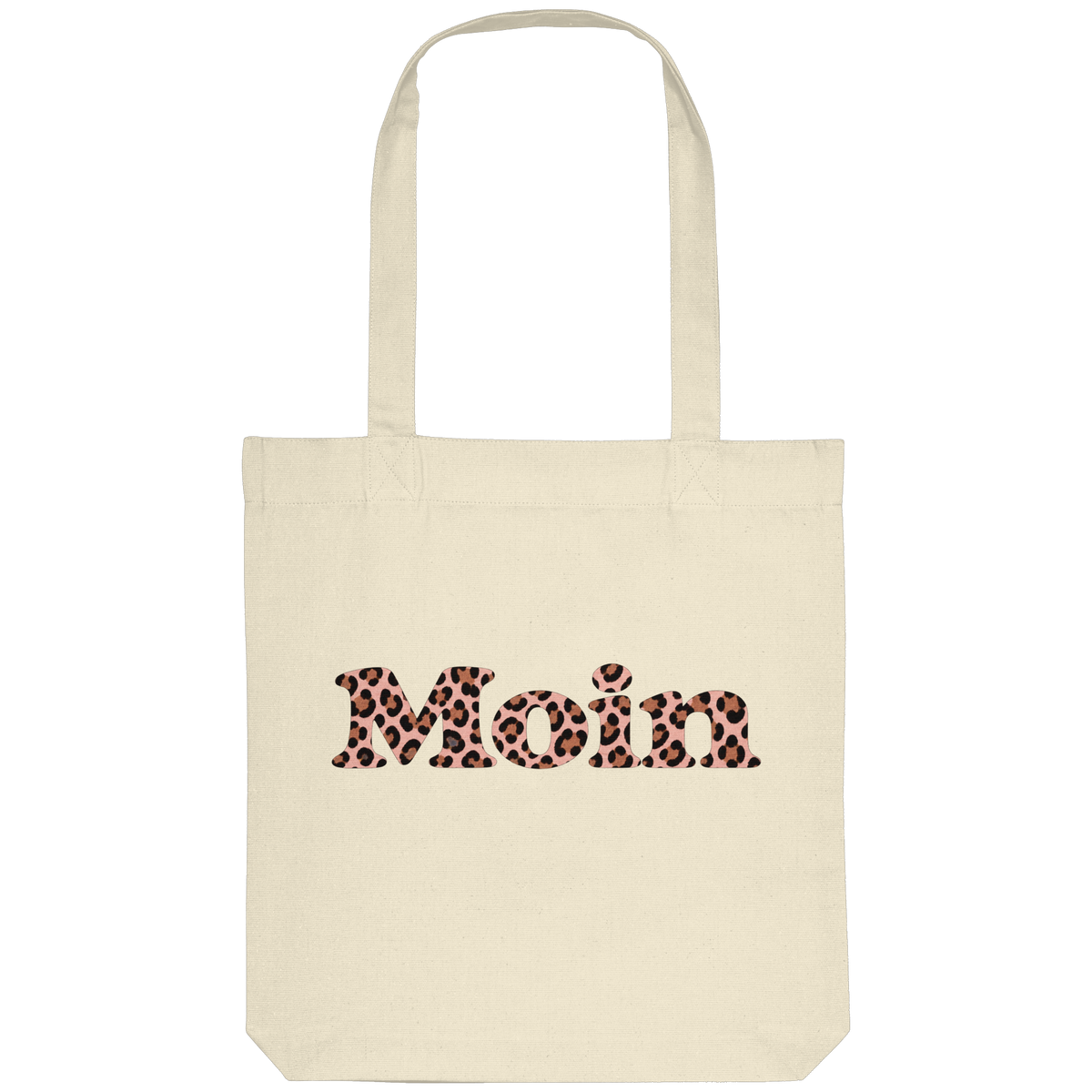Tote-Bag Natural, bedruckte Seite mit rosafarbenem Moin-Leo-Motiv und langen Henkeln.