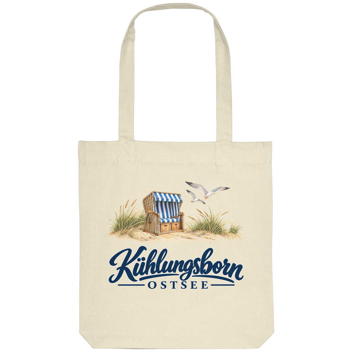 Recycling-Tragetasche Kühlungsborn – Strandkorb & Ostsee, Natural, Shirtigo-Originalmockup der bedruckten Vorderseite.