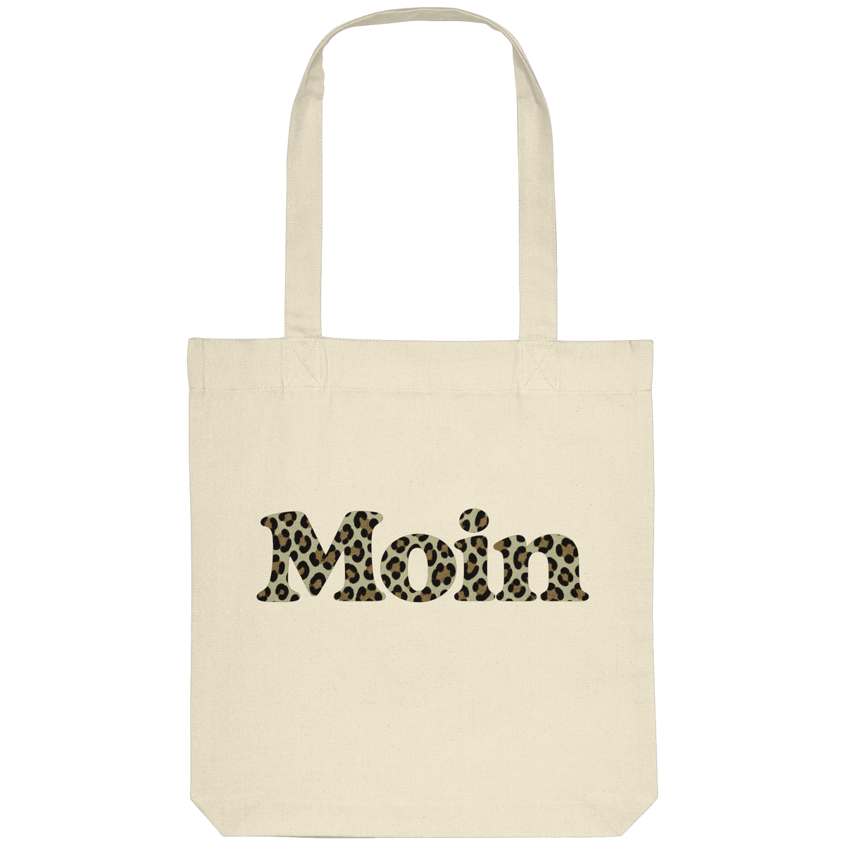 Naturfarbener Shopper mit Moin-Leo-Sage-Green-Motiv auf der Vorderseite.