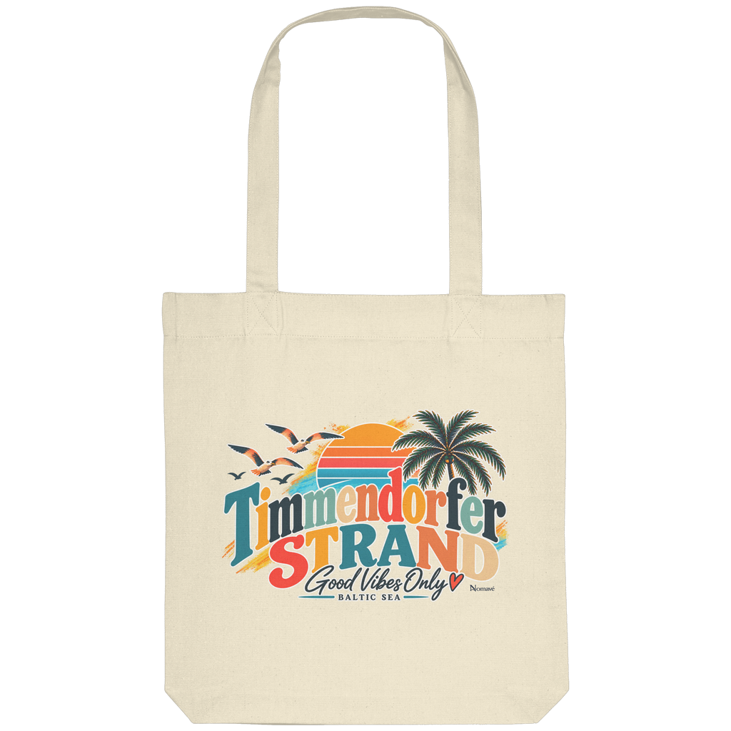 Tote-Bag / Einkaufsbeutel in Natur – Originalmockup mit Timmendorfer-Strand-Good-Vibes-Only-Motiv auf der Außenseite.