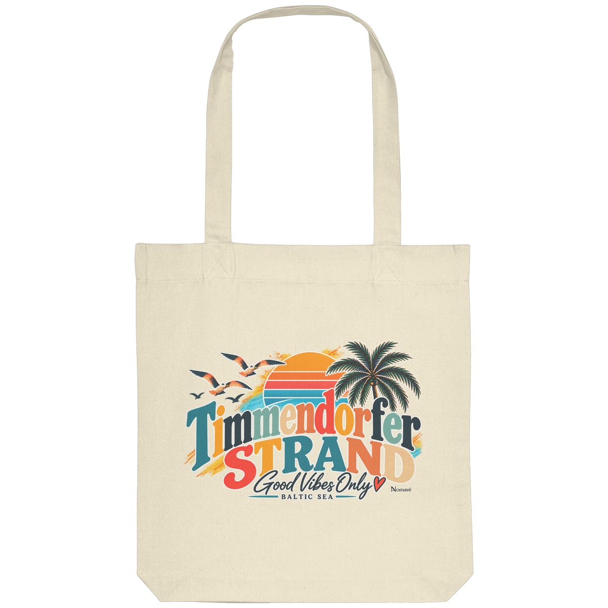 Tote-Bag / Einkaufsbeutel in Natur – Originalmockup mit Timmendorfer-Strand-Good-Vibes-Only-Motiv auf der Außenseite.
