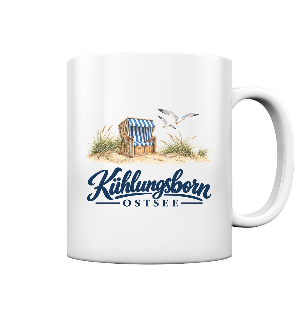 Keramiktasse 330 ml Kühlungsborn – Strandkorb & Ostsee, White glossy, Shirtigo-Originalmockup der bedruckten Vorderseite.