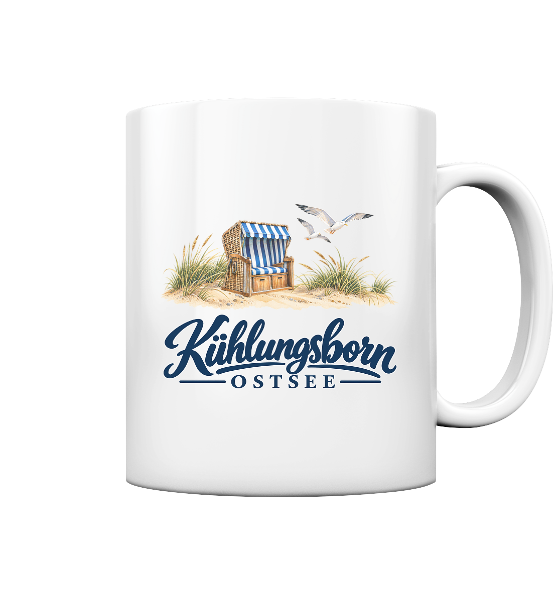 Keramiktasse 330 ml Kühlungsborn – Strandkorb & Ostsee, White glossy, Shirtigo-Originalmockup der bedruckten Vorderseite.