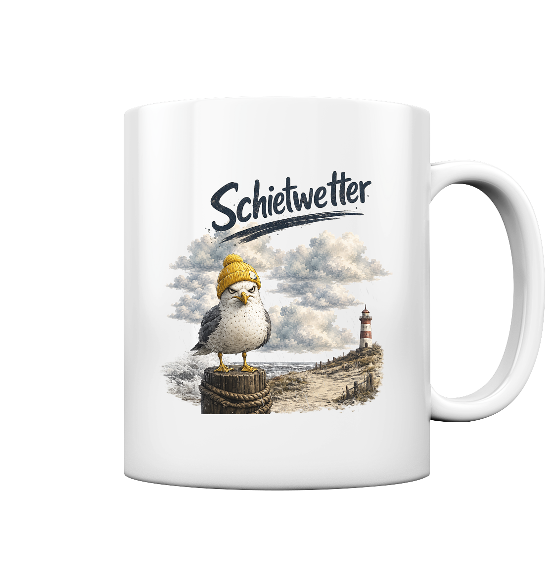 Möwe - Schietwetter - Ostsee - Leuchtturm - Maritimes Küsten Motiv - Für Ostsee und Nordsee - Fans - Tasse glossy