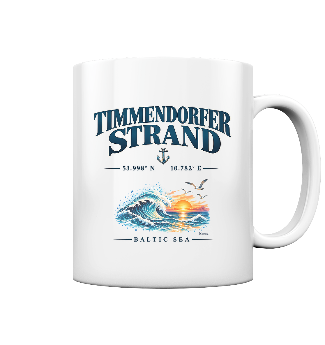 Original-Mockup 1: Glossy-Tasse 330 ml in White glossy mit Timmendorfer-Strand–Baltic-Sea-Motiv auf der Vorderseite.