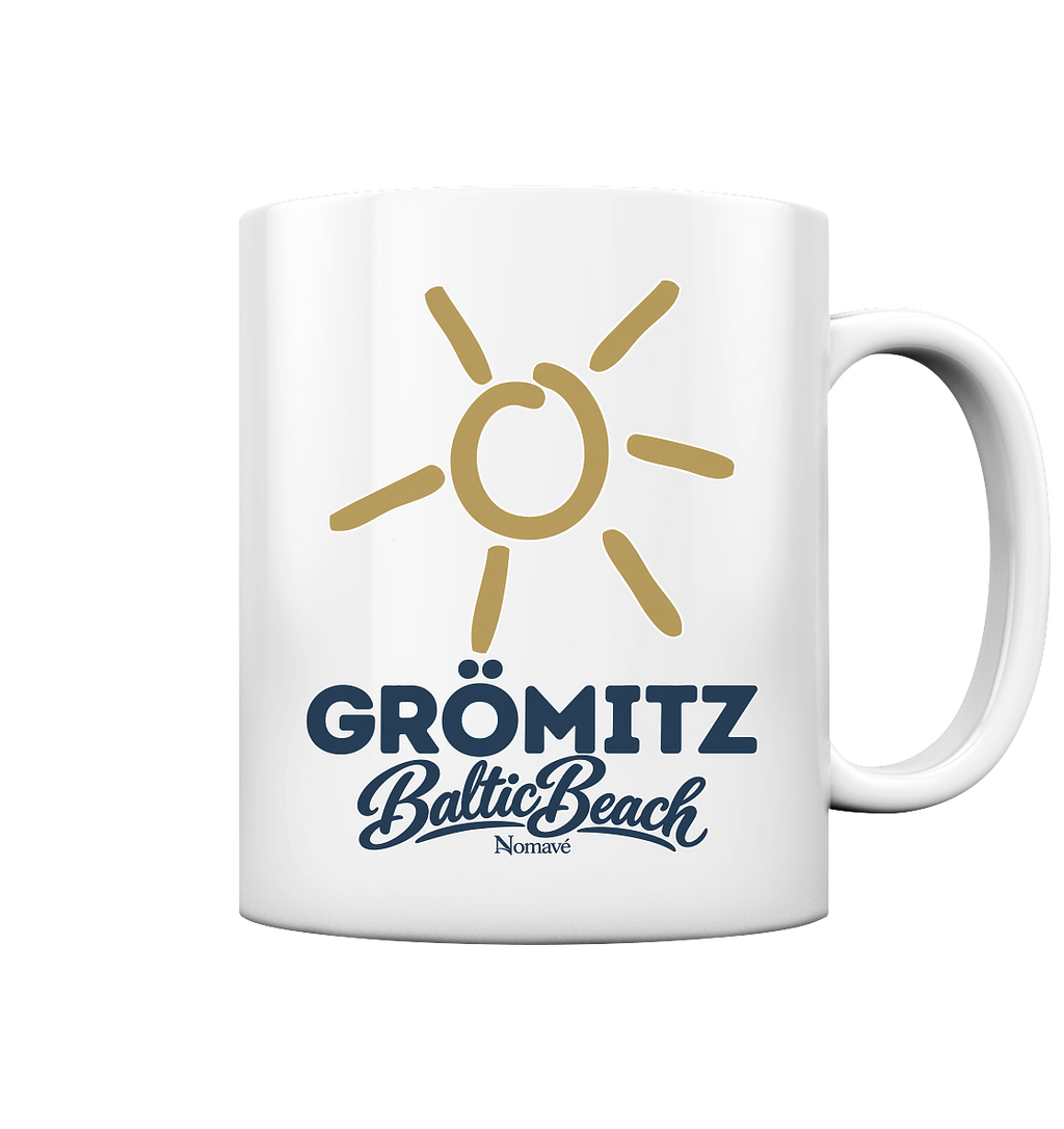 Glänzende Tasse 330 ml Grömitz Sonne Baltic Beach in White glossy – Motivdruck mit goldener Sonne, Shirtigo-Originalmockup 1