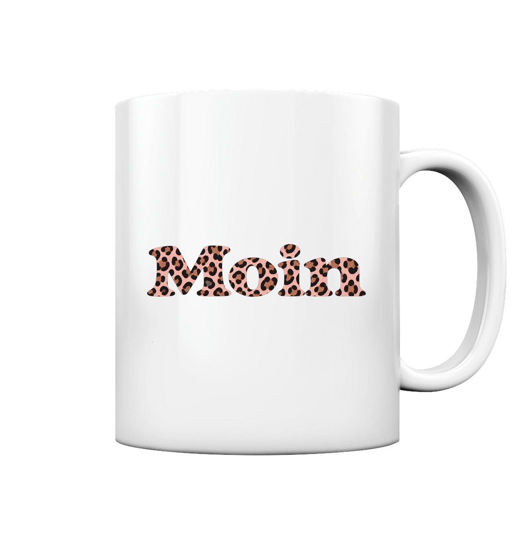 Weiße glänzende 330-ml-Tasse mit Moin Leo Blush Pink auf der Außenseite und C-förmigem Henkel.