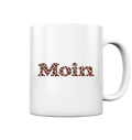 Weiße glänzende 330-ml-Tasse mit Moin Leo Blush Pink auf der Außenseite und C-förmigem Henkel.