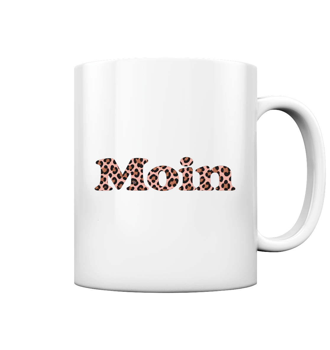 Weiße glänzende 330-ml-Tasse mit Moin Leo Blush Pink auf der Außenseite und C-förmigem Henkel.