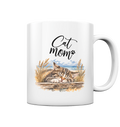 Weiße Cat-Mom-Tasse glossy 330 ml mit C-förmigem Henkel, Katzen- und Küstenmotiv sowie Cat-Mom-Schriftzug.