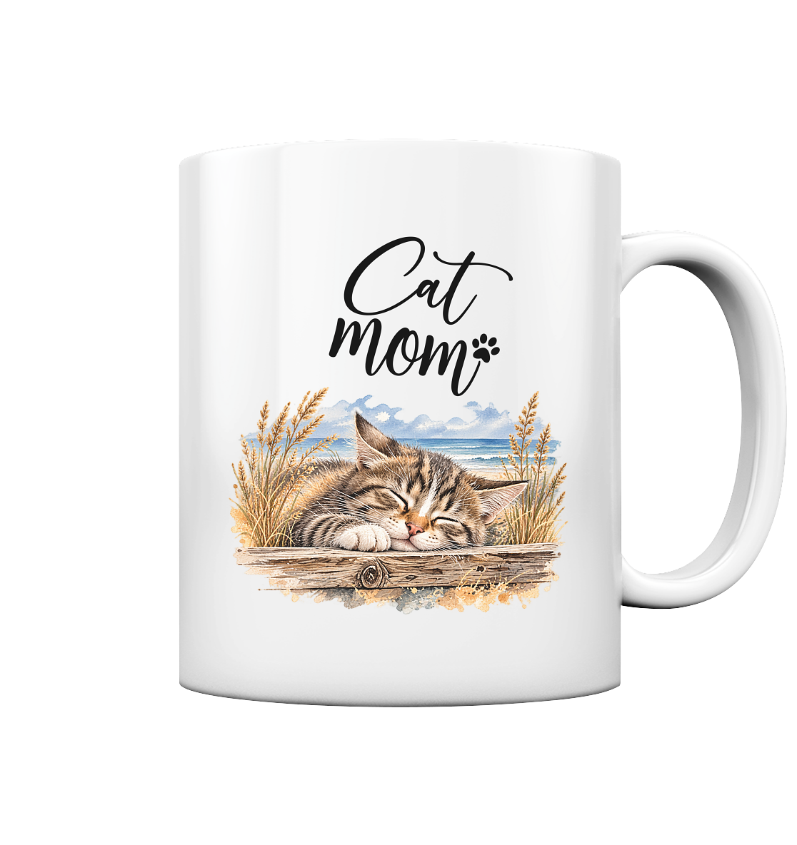 Weiße Cat-Mom-Tasse glossy 330 ml mit C-förmigem Henkel, Katzen- und Küstenmotiv sowie Cat-Mom-Schriftzug.