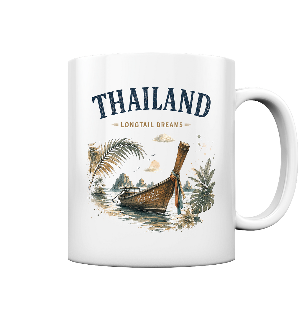 Weiße Keramiktasse mit Thailand Longtail Dreams Motiv und Longtail-Boot