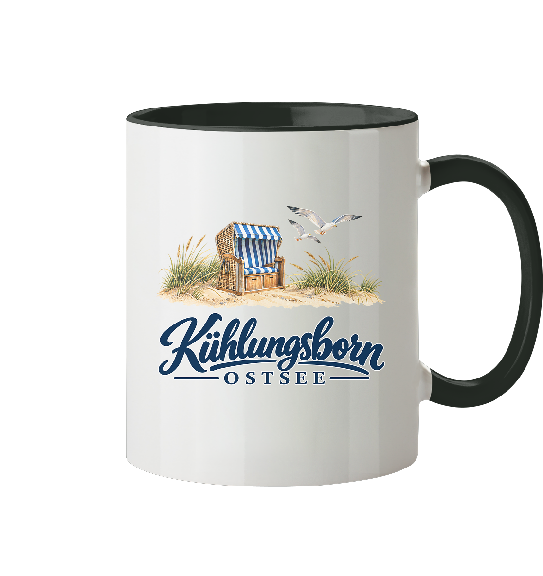 Zweifarbige Keramiktasse 330 ml Kühlungsborn – Strandkorb & Ostsee, Black, Shirtigo-Originalmockup der bedruckten Vorderseite.