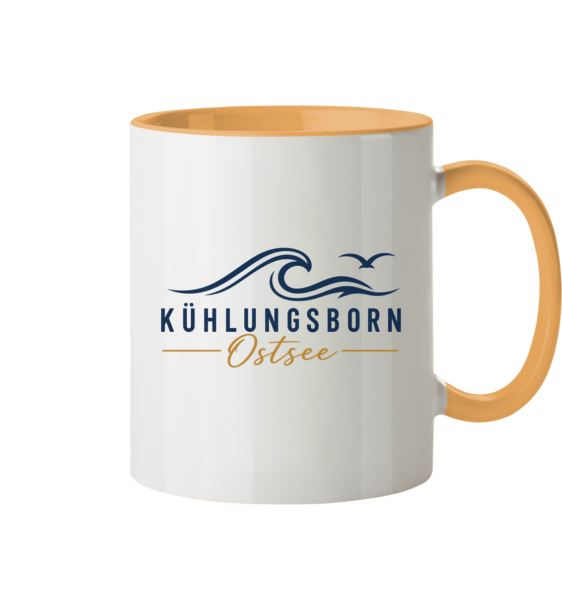 Kühlungsborn Baltic Waves Zweifarbige Keramiktasse 330 ml Light Edition in Goldgelb – originales Shirtigo-Produktmockup