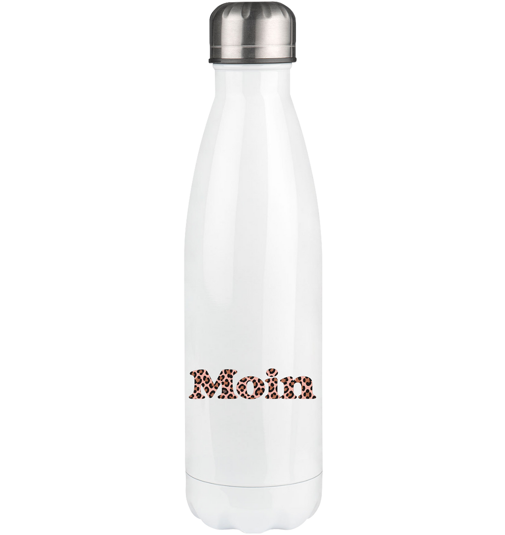 Weiße Edelstahl-Thermoflasche 500 ml mit silbernem Deckel und Moin Leo Blush Pink auf der Außenseite.