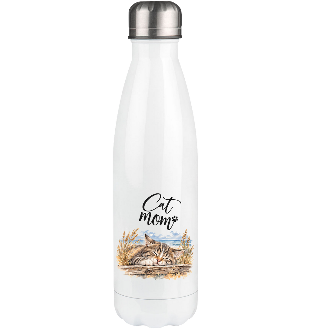 Weiße Cat-Mom-Thermoflasche 500 ml mit silbernem Deckel und Katzen-Küstenmotiv im unteren Bereich.