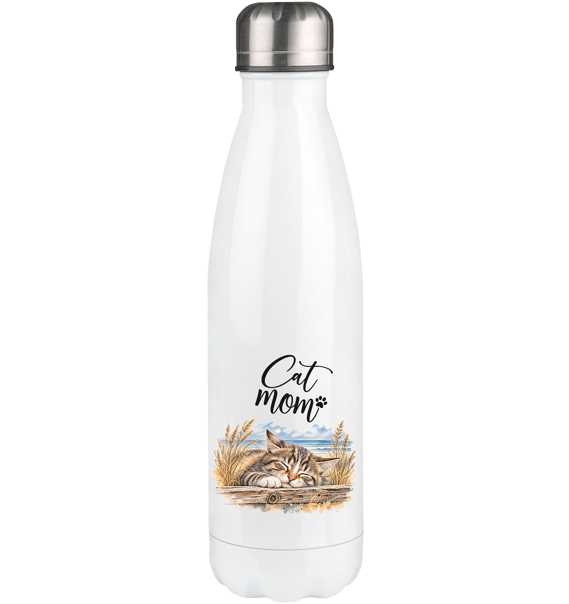Weiße Cat-Mom-Thermoflasche 500 ml mit silbernem Deckel und Katzen-Küstenmotiv im unteren Bereich.