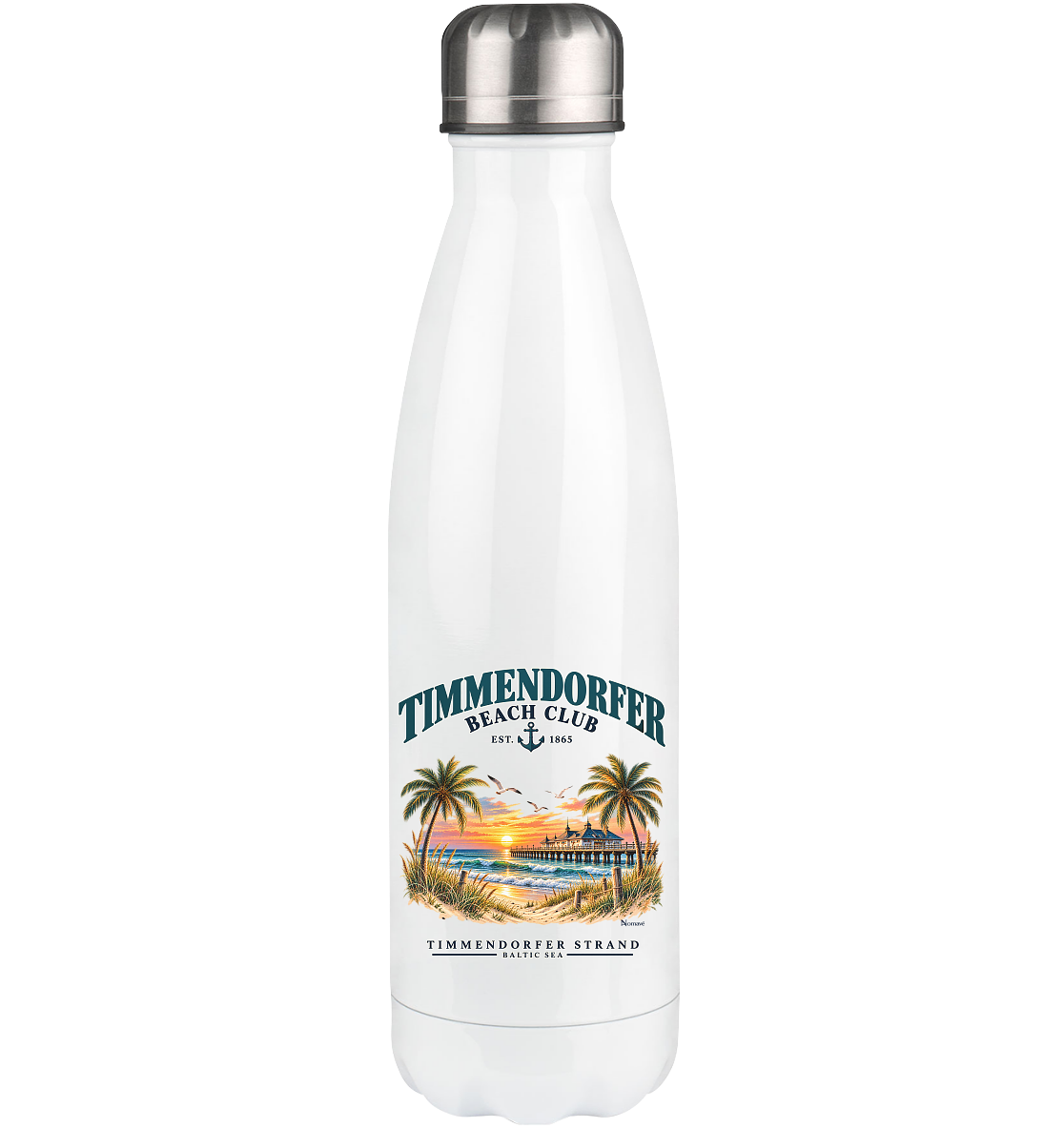 Originalmockup: Thermoflasche 500 ml in White mit Timmendorfer-Beach-Club-Außenmotiv, Motivansicht.