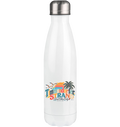 Weiße Edelstahl-Thermoflasche 500 ml mit silberfarbenem Deckel – Originalmockup mit Timmendorfer-Strand-Good-Vibes-Only-Außenmotiv.