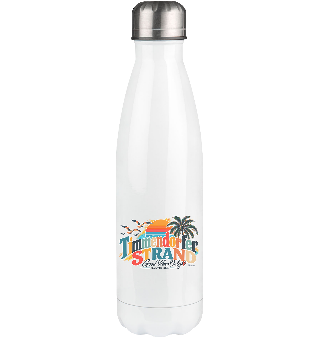 Weiße Edelstahl-Thermoflasche 500 ml mit silberfarbenem Deckel – Originalmockup mit Timmendorfer-Strand-Good-Vibes-Only-Außenmotiv.
