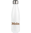Original-Shirtigo-Mockup: Edelstahl-Thermoflasche 500 ml mit Silberdeckel in White mit „Moin“ im Karamell-Leoprint auf der Vorderseite