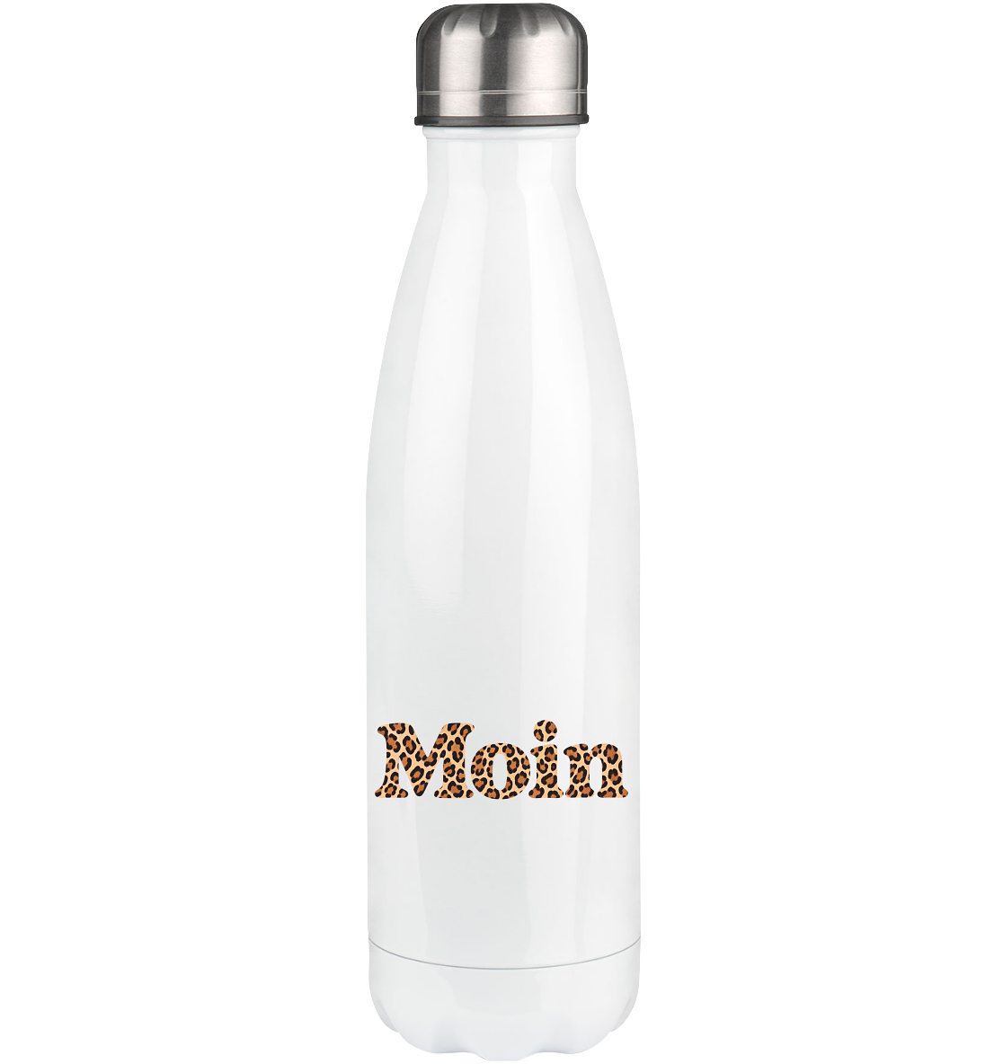 Original-Shirtigo-Mockup: Edelstahl-Thermoflasche 500 ml mit Silberdeckel in White mit „Moin“ im Karamell-Leoprint auf der Vorderseite