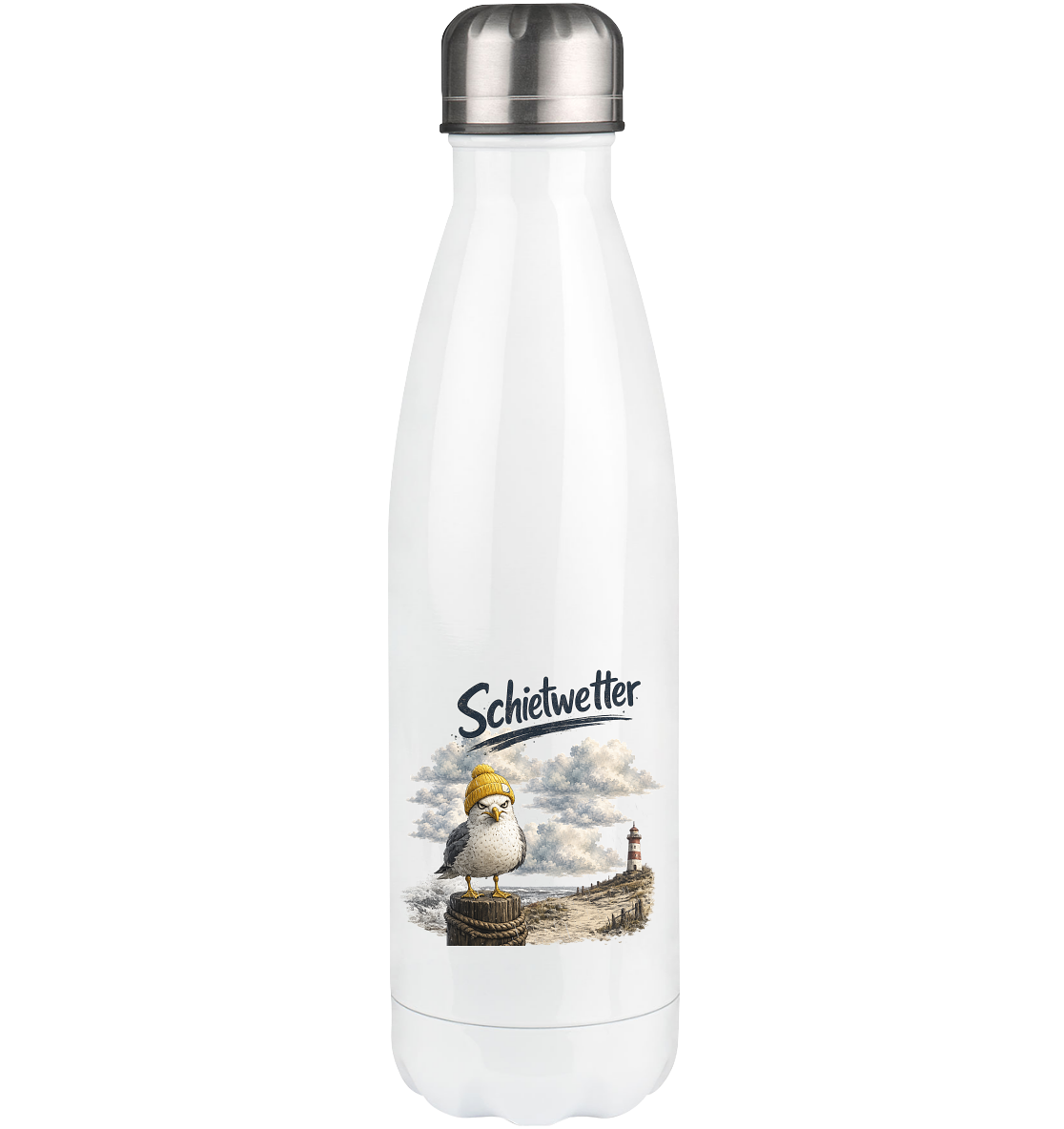 Möwe - Schietwetter - Ostsee - Leuchtturm - Maritimes Küsten Motiv - Für Ostsee und Nordsee - Fans - Thermoflasche 500ml