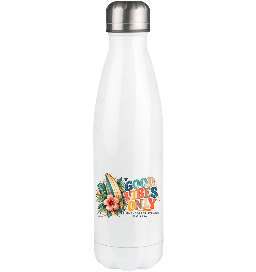 Shirtigo-Originalmockup: weiße Edelstahl-Thermoflasche 500 ml mit silbernem Deckel und Timmendorfer Surf-Vibes-Motiv