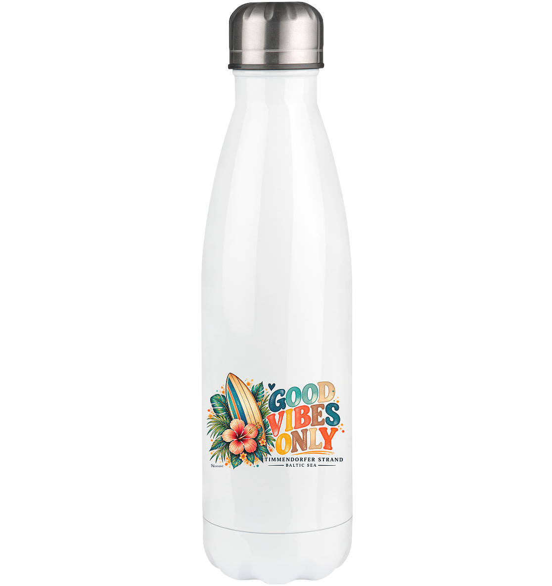 Shirtigo-Originalmockup: weiße Edelstahl-Thermoflasche 500 ml mit silbernem Deckel und Timmendorfer Surf-Vibes-Motiv