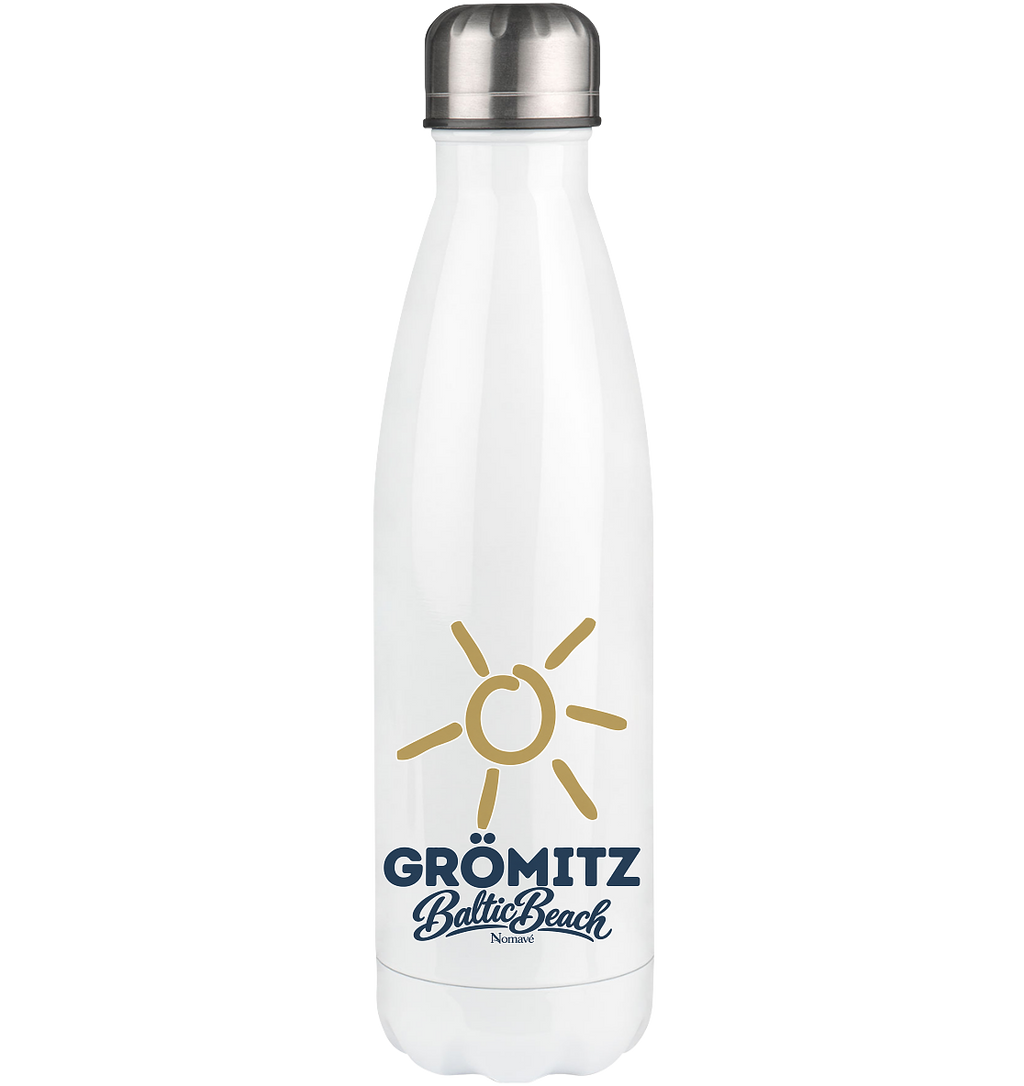 Grömitz Sonne Edelstahl-Thermoflasche 500 ml in Weiß mit silbernem Deckel und Baltic-Beach-Motiv – Shirtigo-Originalmockup