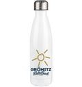 Grömitz Sonne Edelstahl-Thermoflasche 500 ml in Weiß mit silbernem Deckel und Baltic-Beach-Motiv – Shirtigo-Originalmockup