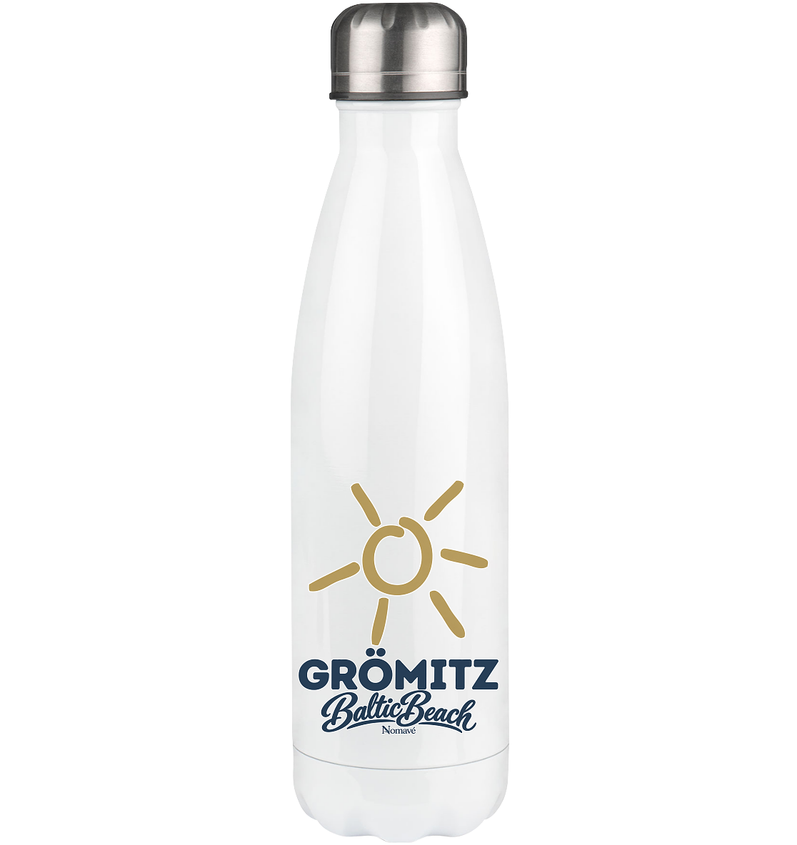 Grömitz Sonne Edelstahl-Thermoflasche 500 ml in Weiß mit silbernem Deckel und Baltic-Beach-Motiv – Shirtigo-Originalmockup
