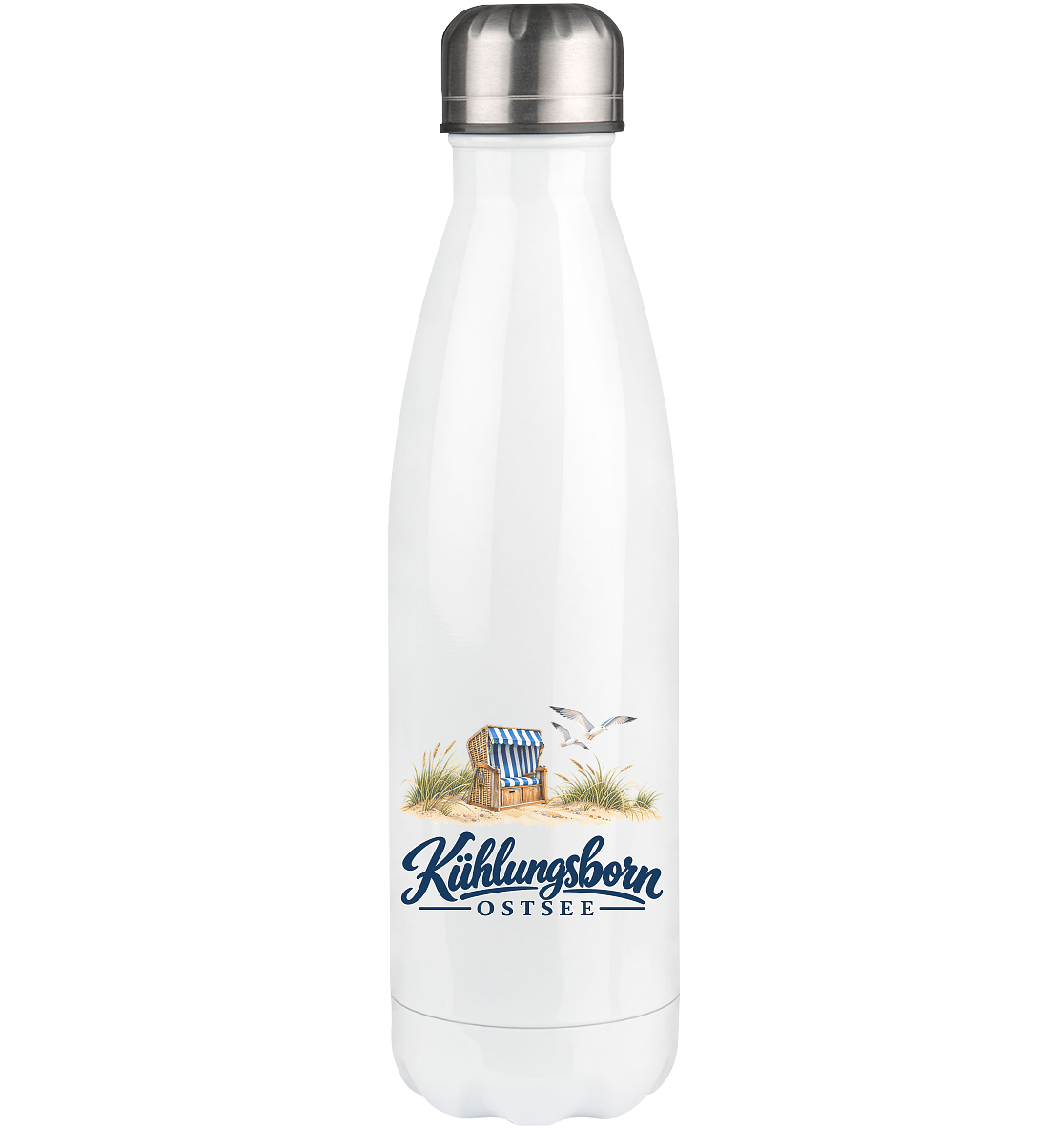 Edelstahl-Thermoflasche 500 ml Kühlungsborn – Strandkorb & Ostsee, White, Shirtigo-Originalmockup der bedruckten Vorderseite.