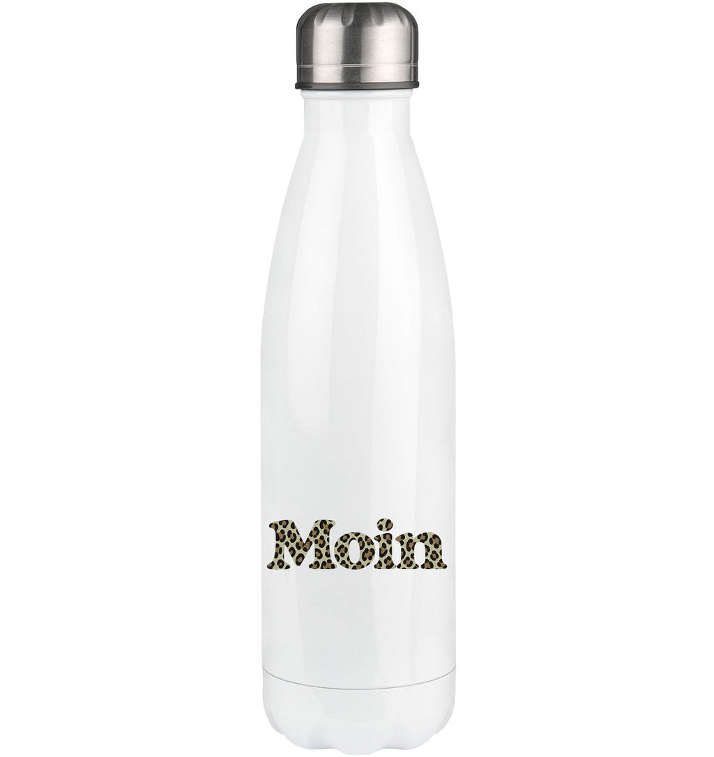 Weiße Edelstahl-Thermoflasche mit silbernem Deckel und Moin-Leoprint in Sage Green im unteren Bereich der Vorderseite, Original-Mockup.