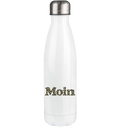 Weiße Edelstahl-Thermoflasche mit silbernem Deckel und Moin-Leoprint in Sage Green im unteren Bereich der Vorderseite, Original-Mockup.