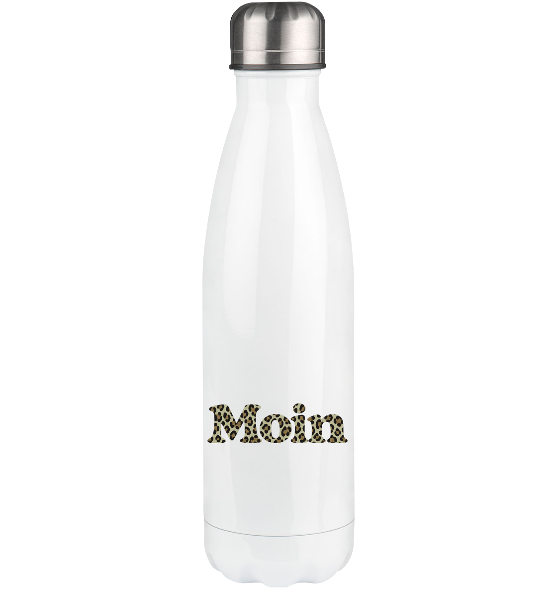 Weiße Edelstahl-Thermoflasche mit silbernem Deckel und Moin-Leoprint in Sage Green im unteren Bereich der Vorderseite, Original-Mockup.