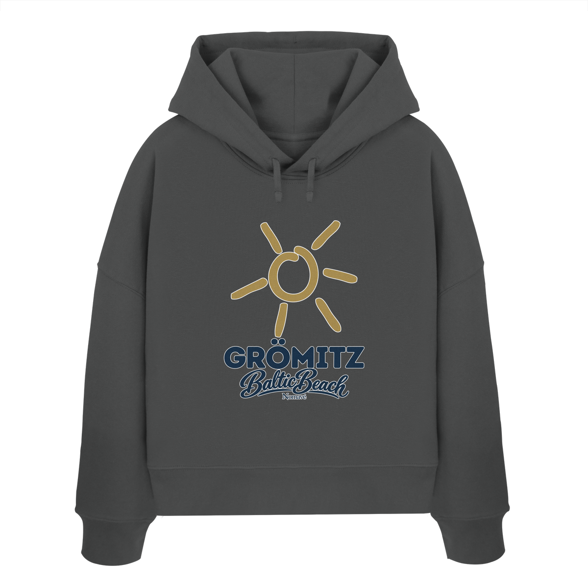 Damen Bio Boxcut Hoodie Grömitz Sonne Baltic Beach in Anthracite – Frontdruck mit goldener Sonne, Shirtigo-Originalmockup 5