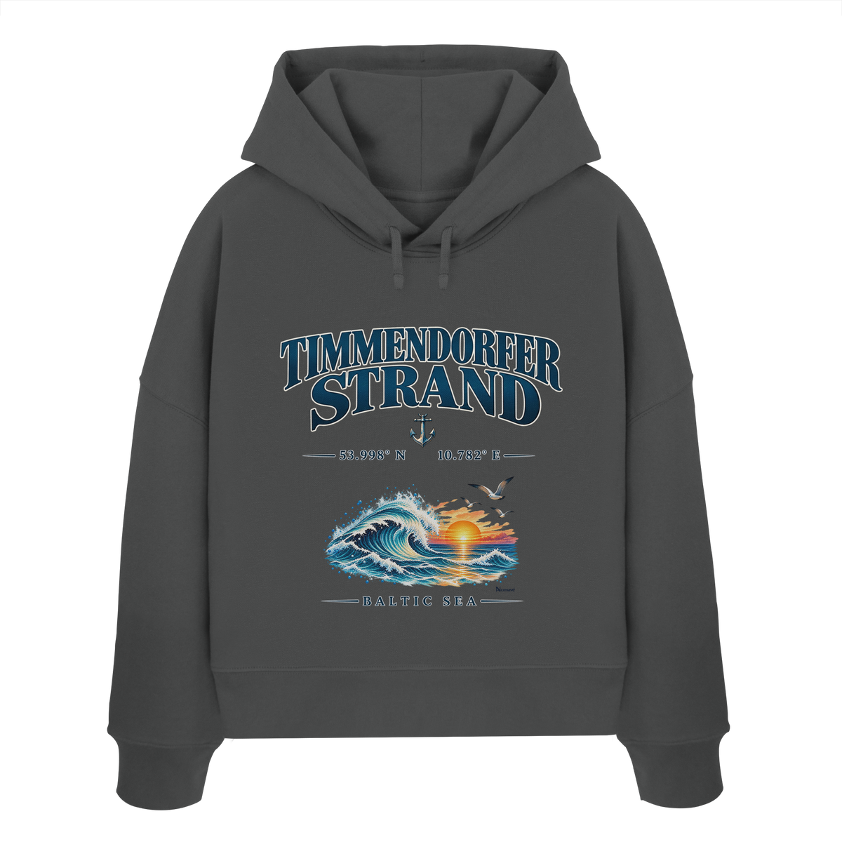 Original-Mockup 4: Damen Bio-Boxcut-Hoodie in Anthracite mit Timmendorfer Strand – Baltic Sea Frontprint.