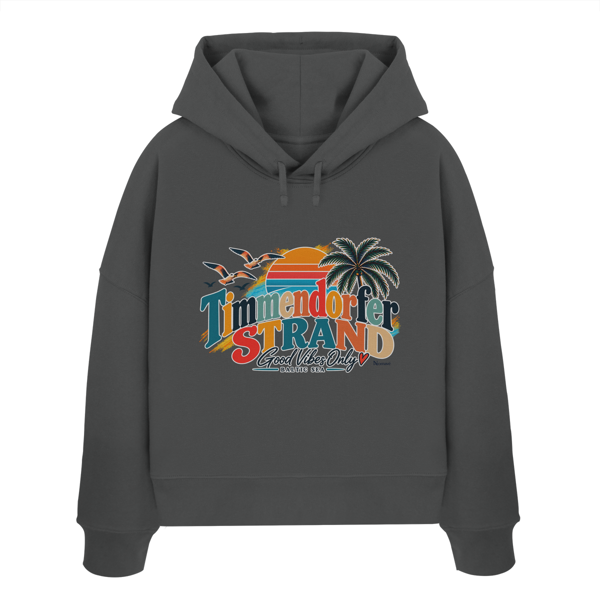 Damen-Boxcut-Hoodie in Anthracite mit Timmendorfer-Strand-Good-Vibes-Only-Frontprint, originales Shirtigo-Mockup.