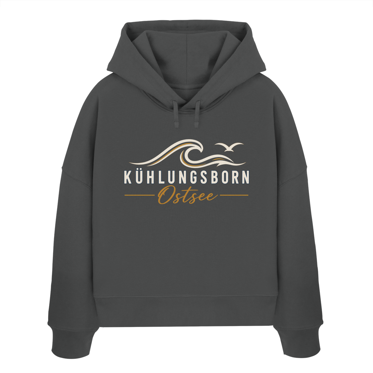 Shirtigo-Originalmockup: Damen Bio-Boxcut-Hoodie Kühlungsborn Baltic Waves, Dark Edition, Anthracite, Vorderansicht mit Motiv.