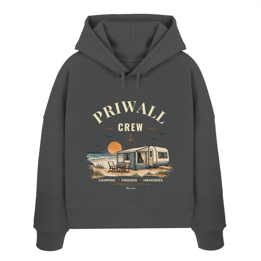 Damen Bio Boxcut Hoodie Kapuzenpullover in Anthracite mit korrigiertem Priwall-Crew-Motiv der Dark Edition – Vorderansicht