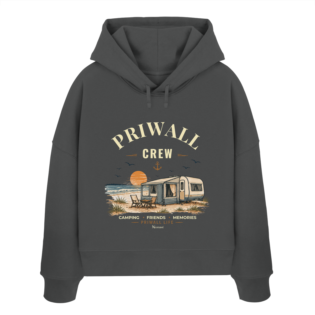 Damen Bio Boxcut Hoodie Kapuzenpullover in Anthracite mit korrigiertem Priwall-Crew-Motiv der Dark Edition – Vorderansicht