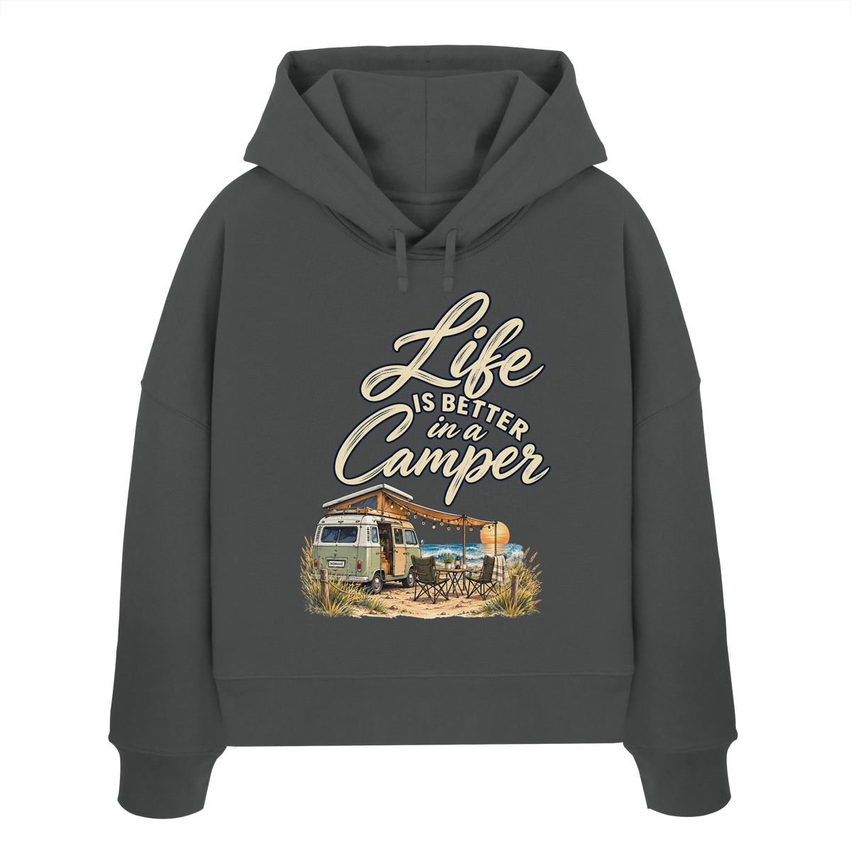 Damen Bio Boxcut Hoodie in Anthracite mit „Life is better in a Camper“-Motiv – Vorderansicht für Vanlife- und Campingfans