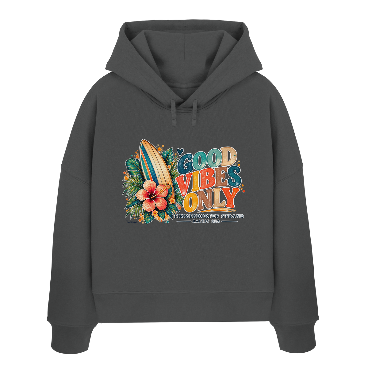 Timmendorfer Strand – Surf Vibes – Damen Bio-Boxcut-Hoodie mit Frontprint in Anthracite – Katalog-Vorderansicht mit Surfboard, Hibiskus und Good-Vibes-Only-Frontprint.